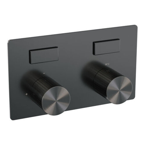 Brauer Brauer Stripe thermostatische inbouw badkraan met drukknoppen SET 04 met badvulcombinatie en 3-standen handdouche en doucheslang en wandaansluitbocht gunmetal geborsteld PVD | Geborsteld gunmetal PVD | 3-standen handdouche