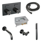Brauer Brauer Stripe thermostatische inbouw badkraan met drukknoppen SET 03 met uitloop en staaf handdouche en doucheslang en wandaansluitbocht gunmetal geborsteld PVD | Geborsteld gunmetal PVD | Staafmodel