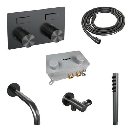 Brauer Brauer Stripe thermostatische inbouw badkraan met drukknoppen SET 03 met uitloop en staaf handdouche en doucheslang en wandaansluitbocht gunmetal geborsteld PVD | Geborsteld gunmetal PVD | Staafmodel