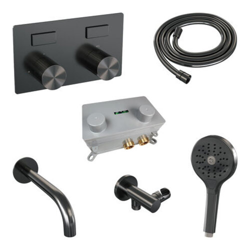 Brauer Brauer Stripe thermostatische inbouw badkraan met drukknoppen SET 04 met uitloop en 3-standen handdouche en doucheslang en wandaansluitbocht gunmetal geborsteld PVD | Geborsteld gunmetal PVD | 3-standen handdouche