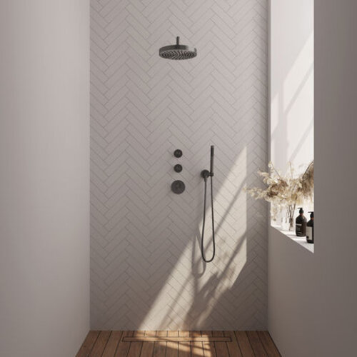 Brauer Stripe thermostatische inbouw regendouche SET 02 met 25 cm douchekop en gebogen muurarm en staaf handdouche en doucheslang en wandaansluitbocht gunmetal geborsteld PVD | Geborsteld gunmetal PVD | Nee | Gebogen wandarm | Staafhanddouche Brauer Brauer Stripe thermostatische inbouw regendouche SET 02 met 25 cm douchekop en gebogen muurarm en staaf handdouche en doucheslang en wandaansluitbocht gunmetal geborsteld PVD | Geborsteld gunmetal PVD | Nee | Gebogen wandarm | Staafhanddouche