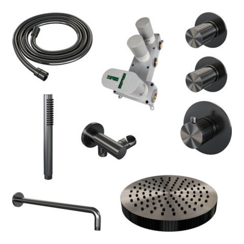 Brauer Stripe thermostatische inbouw regendouche SET 02 met 25 cm douchekop en gebogen muurarm en staaf handdouche en doucheslang en wandaansluitbocht gunmetal geborsteld PVD | Geborsteld gunmetal PVD | Nee | Gebogen wandarm | Staafhanddouche Brauer Brauer Stripe thermostatische inbouw regendouche SET 02 met 25 cm douchekop en gebogen muurarm en staaf handdouche en doucheslang en wandaansluitbocht gunmetal geborsteld PVD | Geborsteld gunmetal PVD | Nee | Gebogen wandarm | Staafhanddouche