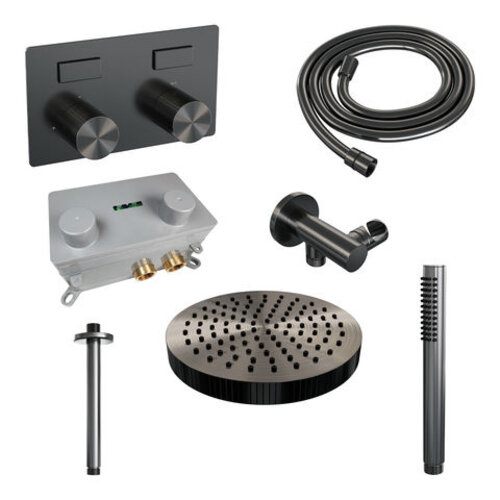 Brauer Stripe thermostatische inbouw regendouche met drukknoppen SET 27 met 25 cm douchekop en plafondarm en staaf handdouche en doucheslang en wandaansluitbocht gunmetal geborsteld PVD | Geborsteld gunmetal PVD | Nee | Plafondbuis | Staafhanddouche Brauer Brauer Stripe thermostatische inbouw regendouche met drukknoppen SET 27 met 25 cm douchekop en plafondarm en staaf handdouche en doucheslang en wandaansluitbocht gunmetal geborsteld PVD | Geborsteld gunmetal PVD | Nee | Plafondbuis | Staafhanddouche
