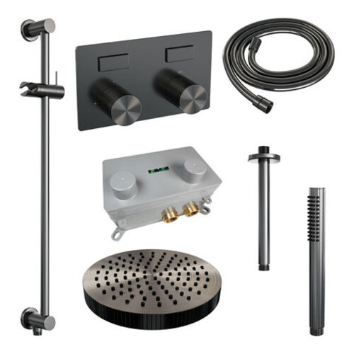 Brauer Stripe thermostatische inbouw regendouche met drukknoppen SET 33 met 25 cm douchekop en plafondarm en staaf handdouche en doucheslang en geïntegreerde glijstang gunmetal geborsteld PVD | Geborsteld gunmetal PVD | Ja | Plafondbuis | Staafhanddouche Brauer Brauer Stripe thermostatische inbouw regendouche met drukknoppen SET 33 met 25 cm douchekop en plafondarm en staaf handdouche en doucheslang en geïntegreerde glijstang gunmetal geborsteld PVD | Geborsteld gunmetal PVD | Ja | Plafondbuis | Staafhanddouche