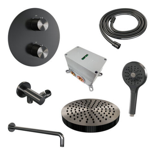 Brauer Stripe thermostatische inbouw regendouche 3-weg rond SET 41 met 25 cm douchekop en gebogen muurarm en 3-standen handdouche en doucheslang en wandaansluitbocht gunmetal geborsteld PVD | Geborsteld gunmetal PVD | Nee | Gebogen wandarm | 3-standen han Brauer Brauer Stripe thermostatische inbouw regendouche 3-weg rond SET 41 met 25 cm douchekop en gebogen muurarm en 3-standen handdouche en doucheslang en wandaansluitbocht gunmetal geborsteld PVD | Geborsteld gunmetal PVD | Nee | Gebogen wandarm | 3-standen han