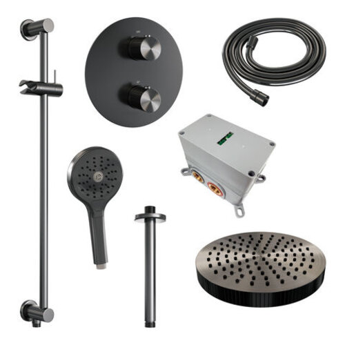 Brauer Stripe thermostatische inbouw regendouche 3-weg rond SET 48 met 25 cm douchekop en plafondarm en 3-standen handdouche en doucheslang en geïntegreerde glijstang gunmetal geborsteld PVD | Geborsteld gunmetal PVD | Ja | Plafondbuis | 3-standen handdou Brauer Brauer Stripe thermostatische inbouw regendouche 3-weg rond SET 48 met 25 cm douchekop en plafondarm en 3-standen handdouche en doucheslang en geïntegreerde glijstang gunmetal geborsteld PVD | Geborsteld gunmetal PVD | Ja | Plafondbuis | 3-standen handdou