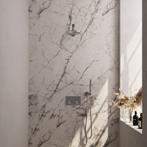 Brauer Brauer Brushed Carving thermostatische inbouw regendouche met drukknoppen SET 49 met 20 cm douchekop en rechte muurarm en staaf handdouche en doucheslang en wandaansluitbocht RVS geborsteld PVD | Geborsteld RVS PVD | 20cm | Nee | Rechte wandarm | Staafmod