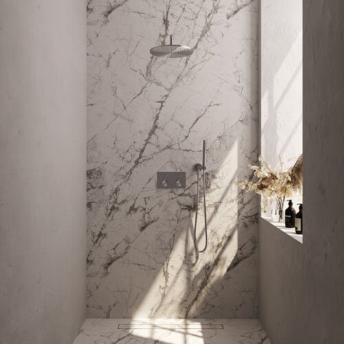 Brauer Brauer Brushed Carving thermostatische inbouw regendouche met drukknoppen SET 52 met 30 cm douchekop en gebogen muurarm en staaf handdouche en doucheslang en wandaansluitbocht RVS geborsteld PVD | Geborsteld RVS PVD | 30cm | Nee | Gebogen wandarm | Staafm