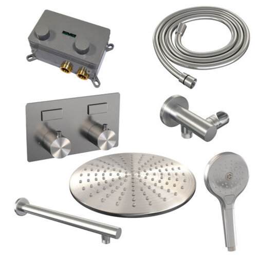 Brauer Brauer Brushed Carving thermostatische inbouw regendouche met drukknoppen SET 56 met 30 cm douchekop en rechte muurarm en 3-standen handdouche en doucheslang en wandaansluitbocht RVS geborsteld PVD | Geborsteld RVS PVD | 30cm | Nee | Rechte wandarm | Rond