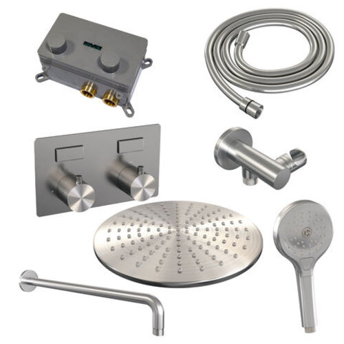 Brauer Brauer Brushed Carving thermostatische inbouw regendouche met drukknoppen SET 58 met 30 cm douchekop en gebogen muurarm en 3-standen handdouche en doucheslang en wandaansluitbocht RVS geborsteld PVD | Geborsteld RVS PVD | 30cm | Nee | Gebogen wandarm | Ro