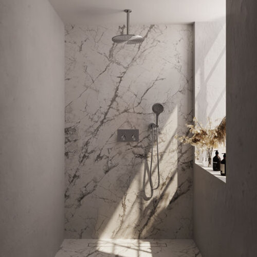 Brauer Brauer Brushed Carving thermostatische inbouw regendouche met drukknoppen SET 60 met 30 cm douchekop en plafondarm en 3-standen handdouche en doucheslang en wandaansluitbocht RVS geborsteld PVD | Geborsteld RVS PVD | 30cm | Nee | Plafondbuis | Rond model