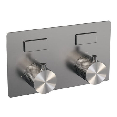 Brauer Brauer Brushed Carving thermostatische inbouw regendouche met drukknoppen SET 61 met 20 cm douchekop en rechte muurarm en staaf handdouche en doucheslang en geïntegreerde glijstang RVS geborsteld PVD | Geborsteld RVS PVD | 20cm | Ja | Rechte wandarm | Sta