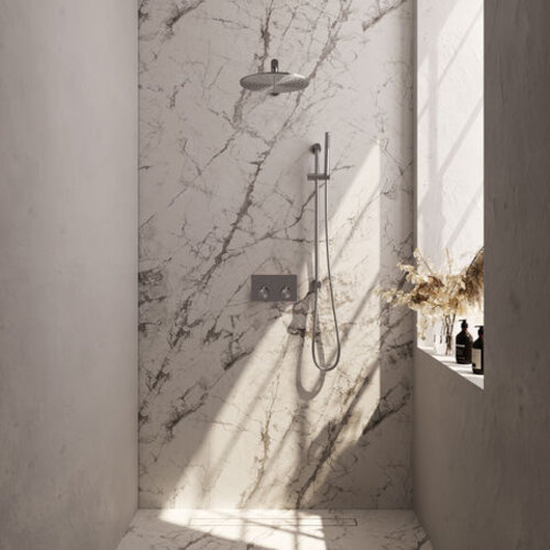 Brauer Brauer Brushed Carving thermostatische inbouw regendouche met drukknoppen SET 62 met 30 cm douchekop en rechte muurarm en staaf handdouche en doucheslang en geïntegreerde glijstang RVS geborsteld PVD | Geborsteld RVS PVD | 30cm | Ja | Rechte wandarm | Sta