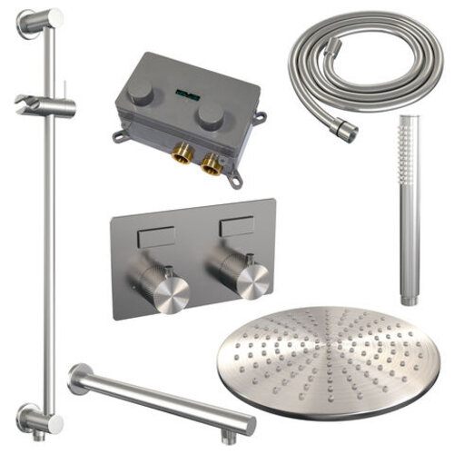 Brauer Brauer Brushed Carving thermostatische inbouw regendouche met drukknoppen SET 62 met 30 cm douchekop en rechte muurarm en staaf handdouche en doucheslang en geïntegreerde glijstang RVS geborsteld PVD | Geborsteld RVS PVD | 30cm | Ja | Rechte wandarm | Sta