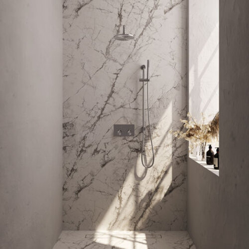 Brauer Brauer Brushed Carving thermostatische inbouw regendouche met drukknoppen SET 63 met 20 cm douchekop en gebogen muurarm en staaf handdouche en doucheslang en geïntegreerde glijstang RVS geborsteld PVD | Geborsteld RVS PVD | 20cm | Ja | Gebogen wandarm | S