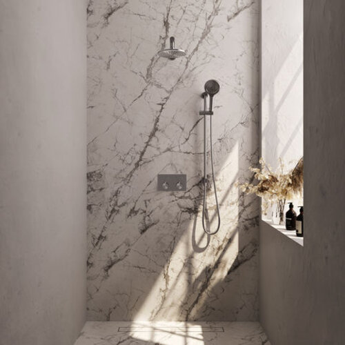Brauer Brauer Brushed Carving thermostatische inbouw regendouche met drukknoppen SET 67 met 20 cm douchekop en rechte muurarm en 3-standen handdouche en doucheslang en geïntegreerde glijstang RVS geborsteld PVD | Geborsteld RVS PVD | 20cm | Ja | Rechte wandarm |