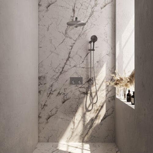 Brauer Brauer Brushed Carving thermostatische inbouw regendouche met drukknoppen SET 68 met 30 cm douchekop en rechte muurarm en 3-standen handdouche en doucheslang en geïntegreerde glijstang RVS geborsteld PVD | Geborsteld RVS PVD | 30cm | Ja | Rechte wandarm |