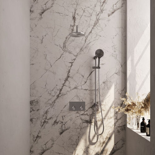 Brauer Brauer Brushed Carving thermostatische inbouw regendouche met drukknoppen SET 69 met 20 cm douchekop en gebogen muurarm en 3-standen handdouche en doucheslang en geïntegreerde glijstang RVS geborsteld PVD | Geborsteld RVS PVD | 20cm | Ja | Gebogen wandarm