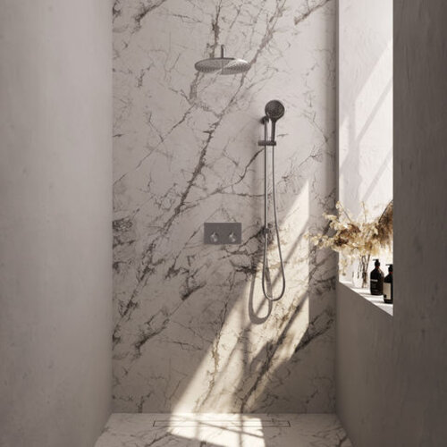 Brauer Brauer Brushed Carving thermostatische inbouw regendouche met drukknoppen SET 70 met 30 cm douchekop en gebogen muurarm en 3-standen handdouche en doucheslang en geïntegreerde glijstang RVS geborsteld PVD | Geborsteld RVS PVD | 30cm | Ja | Gebogen wandarm