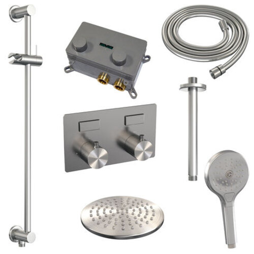 Brauer Brauer Brushed Carving thermostatische inbouw regendouche met drukknoppen SET 71 met 20 cm douchekop en plafondarm en 3-standen handdouche en doucheslang en geïntegreerde glijstang RVS geborsteld PVD | Geborsteld RVS PVD | 20cm | Ja | Plafondbuis | Rond m