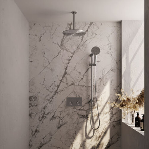 Brauer Brauer Brushed Carving thermostatische inbouw regendouche met drukknoppen SET 72 met 30 cm douchekop en plafondarm en 3-standen handdouche en doucheslang en geïntegreerde glijstang RVS geborsteld PVD | Geborsteld RVS PVD | 30cm | Ja | Plafondbuis | Rond m