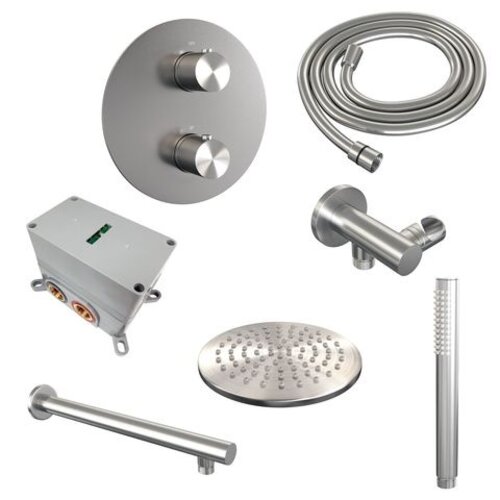 Brauer Brauer Brushed Carving thermostatische inbouw regendouche 3-weg rond SET 73 met 20 cm douchekop en rechte muurarm en staaf handdouche en doucheslang en wandaansluitbocht RVS geborsteld PVD | Geborsteld RVS PVD | 20cm | Nee | Rechte wandarm | Staafmodel
