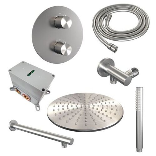 Brauer Brauer Brushed Carving thermostatische inbouw regendouche 3-weg rond SET 74 met 30 cm douchekop en rechte muurarm en staaf handdouche en doucheslang en wandaansluitbocht RVS geborsteld PVD | Geborsteld RVS PVD | 30cm | Nee | Rechte wandarm | Staafmodel