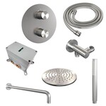 Brauer Brauer Brushed Carving thermostatische inbouw regendouche 3-weg rond SET 75 met 20 cm douchekop en gebogen muurarm en staaf handdouche en doucheslang en wandaansluitbocht RVS geborsteld PVD | Geborsteld RVS PVD | 20cm | Nee | Gebogen wandarm | Staafmodel