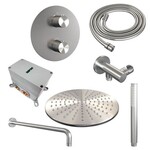 Brauer Brauer Brushed Carving thermostatische inbouw regendouche 3-weg rond SET 76 met 30 cm douchekop en gebogen muurarm en staaf handdouche en doucheslang en wandaansluitbocht RVS geborsteld PVD | Geborsteld RVS PVD | 30cm | Nee | Gebogen wandarm | Staafmodel