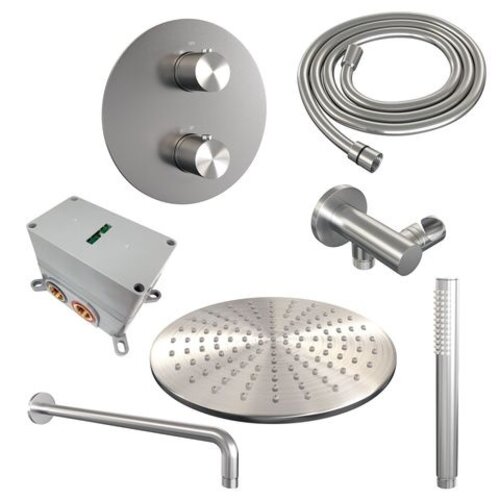 Brauer Brauer Brushed Carving thermostatische inbouw regendouche 3-weg rond SET 76 met 30 cm douchekop en gebogen muurarm en staaf handdouche en doucheslang en wandaansluitbocht RVS geborsteld PVD | Geborsteld RVS PVD | 30cm | Nee | Gebogen wandarm | Staafmodel