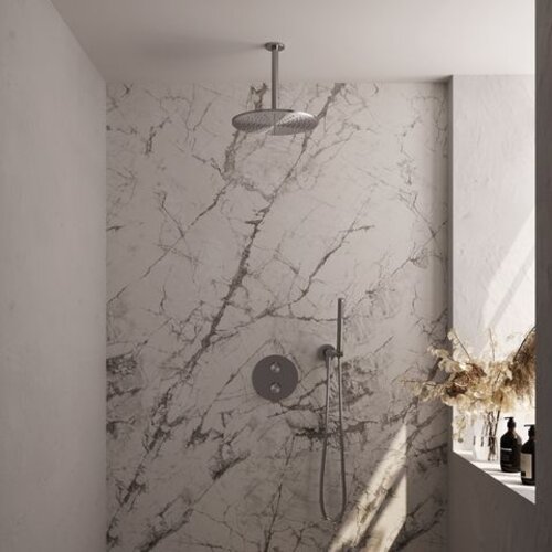 Brauer Brauer Brushed Carving thermostatische inbouw regendouche 3-weg rond SET 78 met 30 cm douchekop en plafondarm en staaf handdouche en doucheslang en wandaansluitbocht RVS geborsteld PVD | Geborsteld RVS PVD | 30cm | Nee | Plafondbuis | Staafmodel