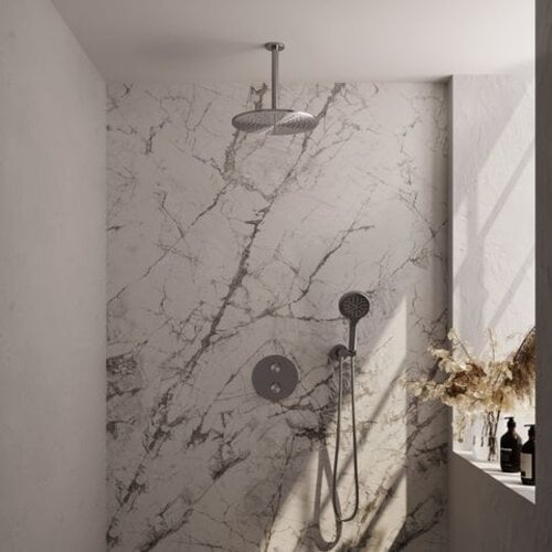 Brauer Brauer Brushed Carving thermostatische inbouw regendouche 3-weg rond SET 84 met 30 cm douchekop en plafondarm en 3-standen handdouche en doucheslang en wandaansluitbocht RVS geborsteld PVD | Geborsteld RVS PVD | 30cm | Nee | Plafondbuis | 3-standen handdo