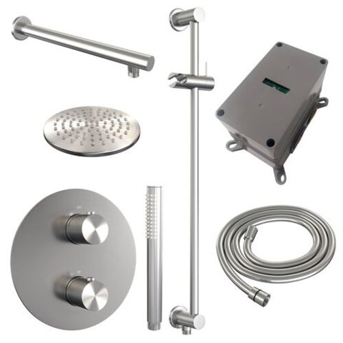 Brauer Brauer Brushed Carving thermostatische inbouw regendouche 3-weg rond SET 85 met 20 cm douchekop en rechte muurarm en staaf handdouche en doucheslang en geïntegreerde glijstang RVS geborsteld PVD | Geborsteld RVS PVD | 20cm | Ja | Rechte wandarm | Staafmod