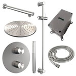 Brauer Brauer Brushed Carving thermostatische inbouw regendouche 3-weg rond SET 86 met 30 cm douchekop en rechte muurarm en staaf handdouche en doucheslang en geïntegreerde glijstang RVS geborsteld PVD | Geborsteld RVS PVD | 30cm | Ja | Rechte wandarm | Staafmod