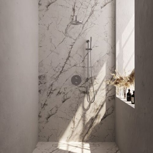 Brauer Brauer Brushed Carving thermostatische inbouw regendouche 3-weg rond SET 87 met 20 cm douchekop en gebogen muurarm en staaf handdouche en doucheslang en geïntegreerde glijstang RVS geborsteld PVD | Geborsteld RVS PVD | 20cm | Ja | Gebogen wandarm | Staafm