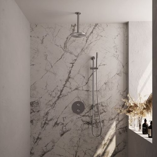 Brauer Brauer Brushed Carving thermostatische inbouw regendouche 3-weg rond SET 89 met 20 cm douchekop en plafondarm en staaf handdouche en doucheslang en geïntegreerde glijstang RVS geborsteld PVD | Geborsteld RVS PVD | 20cm | Ja | Plafondbuis | Staafmodel