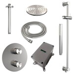 Brauer Brauer Brushed Carving thermostatische inbouw regendouche 3-weg rond SET 89 met 20 cm douchekop en plafondarm en staaf handdouche en doucheslang en geïntegreerde glijstang RVS geborsteld PVD | Geborsteld RVS PVD | 20cm | Ja | Plafondbuis | Staafmodel