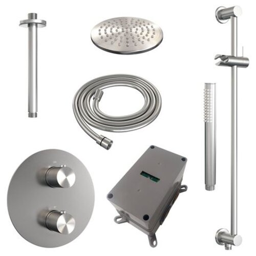 Brauer Brauer Brushed Carving thermostatische inbouw regendouche 3-weg rond SET 89 met 20 cm douchekop en plafondarm en staaf handdouche en doucheslang en geïntegreerde glijstang RVS geborsteld PVD | Geborsteld RVS PVD | 20cm | Ja | Plafondbuis | Staafmodel