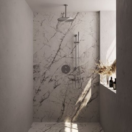 Brauer Brauer Brushed Carving thermostatische inbouw regendouche 3-weg rond SET 90 met 30 cm douchekop en plafondarm en staaf handdouche en doucheslang en geïntegreerde glijstang RVS geborsteld PVD | Geborsteld RVS PVD | 30cm | Ja | Plafondbuis | Staafmodel