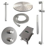 Brauer Brauer Brushed Carving thermostatische inbouw regendouche 3-weg rond SET 90 met 30 cm douchekop en plafondarm en staaf handdouche en doucheslang en geïntegreerde glijstang RVS geborsteld PVD | Geborsteld RVS PVD | 30cm | Ja | Plafondbuis | Staafmodel