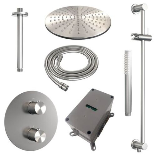Brauer Brauer Brushed Carving thermostatische inbouw regendouche 3-weg rond SET 90 met 30 cm douchekop en plafondarm en staaf handdouche en doucheslang en geïntegreerde glijstang RVS geborsteld PVD | Geborsteld RVS PVD | 30cm | Ja | Plafondbuis | Staafmodel
