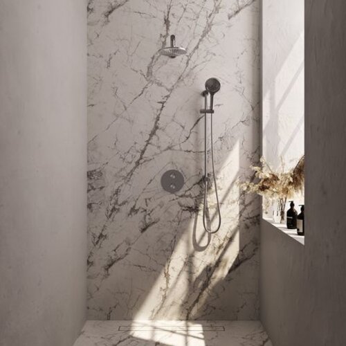 Brauer Brauer Brushed Carving thermostatische inbouw regendouche 3-weg rond SET 91 met 20 cm douchekop en rechte muurarm en 3-standen handdouche en doucheslang en geïntegreerde glijstang RVS geborsteld PVD | Geborsteld RVS PVD | 20cm | Ja | Rechte wandarm | 3-st