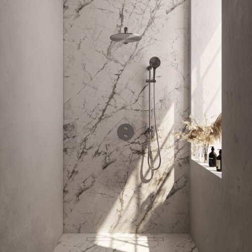 Brauer Brauer Brushed Carving thermostatische inbouw regendouche 3-weg rond SET 92 met 30 cm douchekop en rechte muurarm en 3-standen handdouche en doucheslang en geïntegreerde glijstang RVS geborsteld PVD | Geborsteld RVS PVD | 30cm | Ja | Rechte wandarm | 3-st