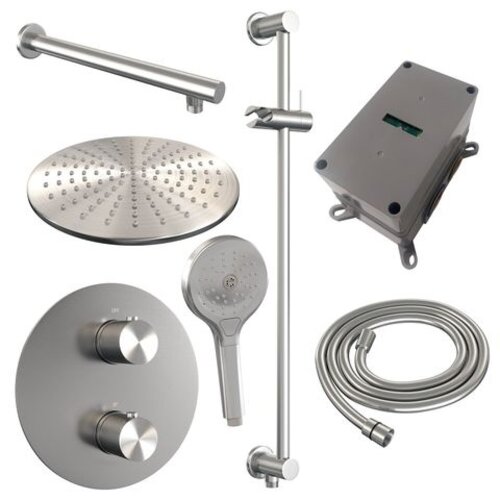 Brauer Brauer Brushed Carving thermostatische inbouw regendouche 3-weg rond SET 92 met 30 cm douchekop en rechte muurarm en 3-standen handdouche en doucheslang en geïntegreerde glijstang RVS geborsteld PVD | Geborsteld RVS PVD | 30cm | Ja | Rechte wandarm | 3-st