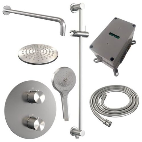 Brauer Brauer Brushed Carving thermostatische inbouw regendouche 3-weg rond SET 93 met 20 cm douchekop en gebogen muurarm en 3-standen handdouche en doucheslang en geïntegreerde glijstang RVS geborsteld PVD | Geborsteld RVS PVD | 20cm | Ja | Gebogen wandarm | 3-