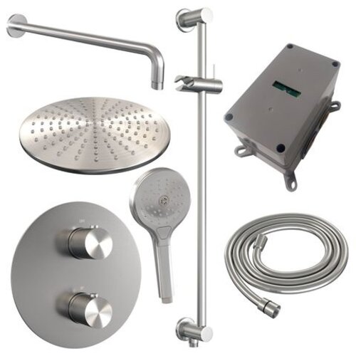 Brauer Brauer Brushed Carving thermostatische inbouw regendouche 3-weg rond SET 94 met 30 cm douchekop en gebogen muurarm en 3-standen handdouche en doucheslang en geïntegreerde glijstang RVS geborsteld PVD | Geborsteld RVS PVD | 30cm | Ja | Gebogen wandarm | 3-