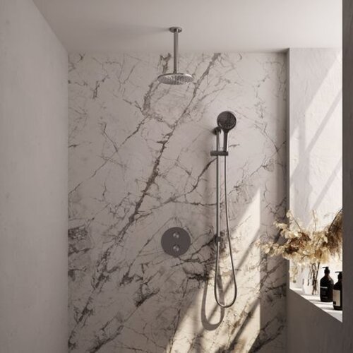 Brauer Brauer Brushed Carving thermostatische inbouw regendouche 3-weg rond SET 95 met 20 cm douchekop en plafondarm en 3-standen handdouche en doucheslang en geïntegreerde glijstang RVS geborsteld PVD | Geborsteld RVS PVD | 20cm | Ja | Plafondbuis | 3-standen h