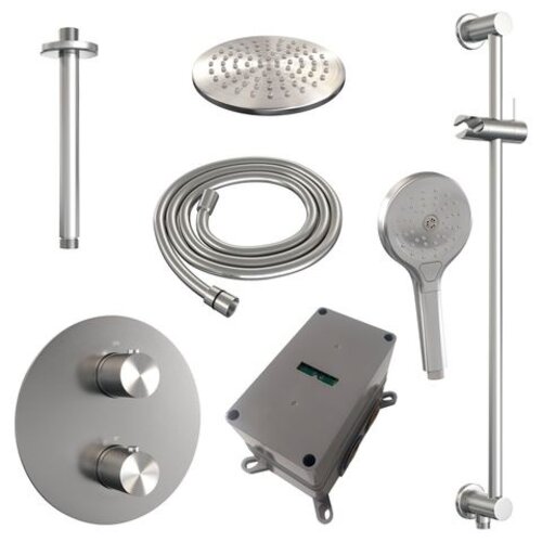 Brauer Brauer Brushed Carving thermostatische inbouw regendouche 3-weg rond SET 95 met 20 cm douchekop en plafondarm en 3-standen handdouche en doucheslang en geïntegreerde glijstang RVS geborsteld PVD | Geborsteld RVS PVD | 20cm | Ja | Plafondbuis | 3-standen h