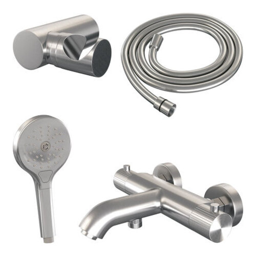 Brauer Brauer Stripe opbouw baddouche thermostaatkraan SET 04 met wandhouder en 3-standen handdouche en doucheslang RVS-kleurig geborsteld PVD | Geborsteld RVS PVD | 3-standen handdouche