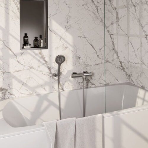 Brauer Brauer Stripe opbouw baddouche thermostaatkraan SET 04 met wandhouder en 3-standen handdouche en doucheslang RVS-kleurig geborsteld PVD | Geborsteld RVS PVD | 3-standen handdouche